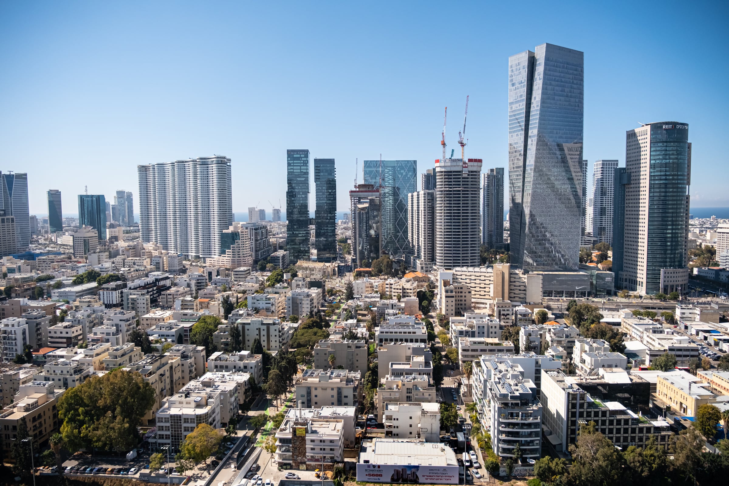 Tel Aviv skyline aerial view with skyscrapers against clear blue sky