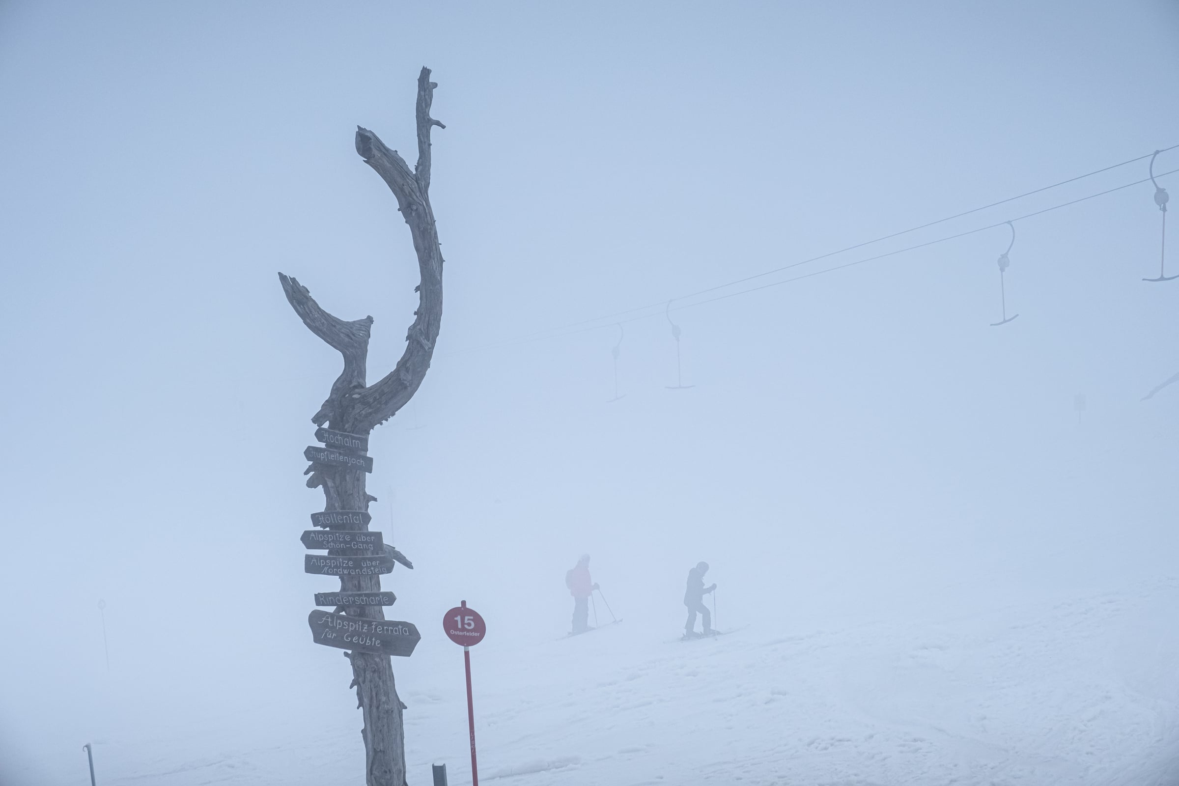 Foggy ski resort with gnarled wooden signpost showing German directions and two skiers disappearing into mist